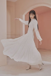 Doreen High Neck Long Bishop Sleeves Shirred Tiered Maxi Dress